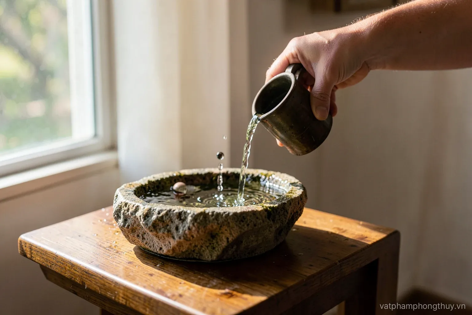 A small stone tabletop fountain with a rolling ball on a side table near a window, a hand pouring water into its basin from a small jug, soft afternoon light