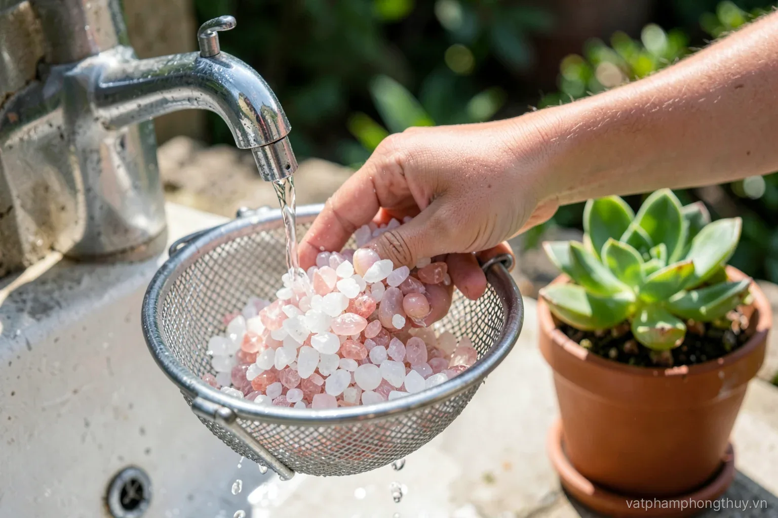 Hands rinsing a handful of small white and pink quartz chips in a metal sieve under a garden tap, a potted succulent waiting nearby, morning sun