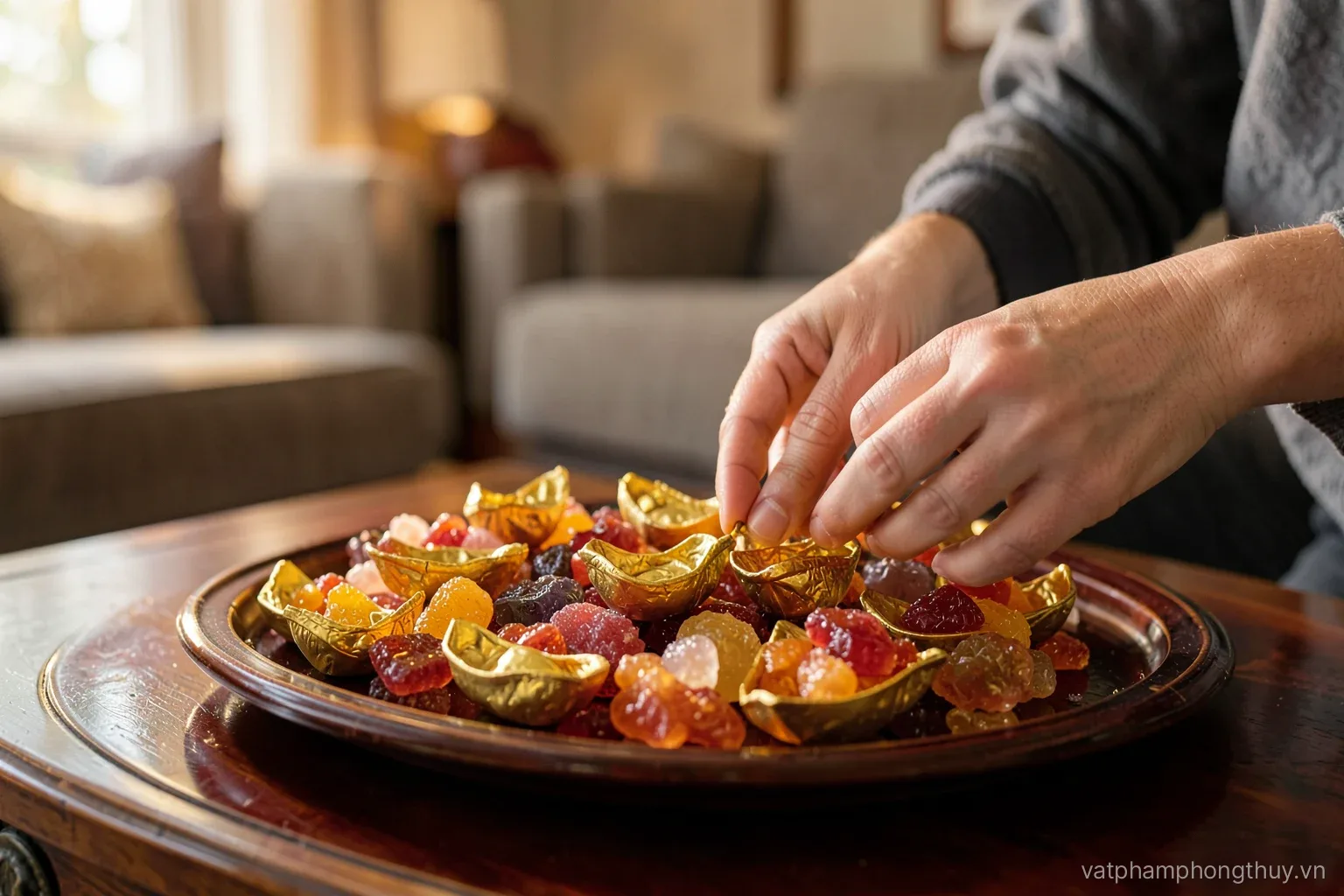 Hands arranging small golden boat-shaped ingots among candied fruit on a lacquered tray on a living room table before the new year, warm light
