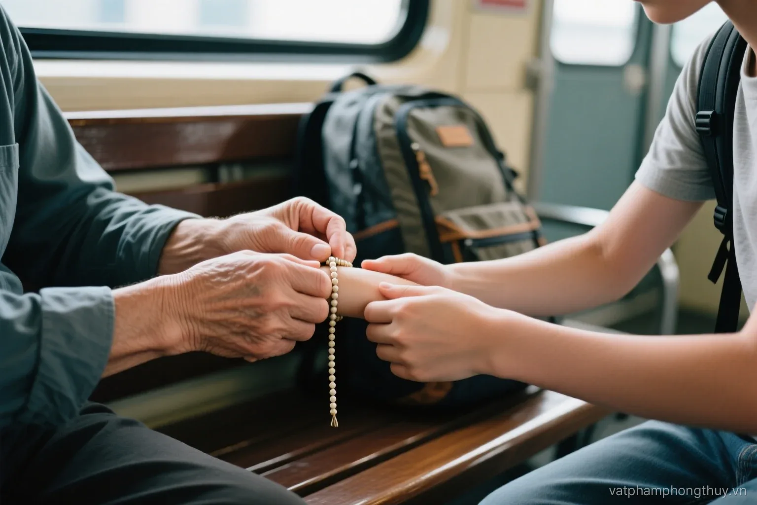 Two pairs of hands on a train station bench, an older hand tying a thin beaded bracelet onto a young wrist, a packed backpack blurred beside them