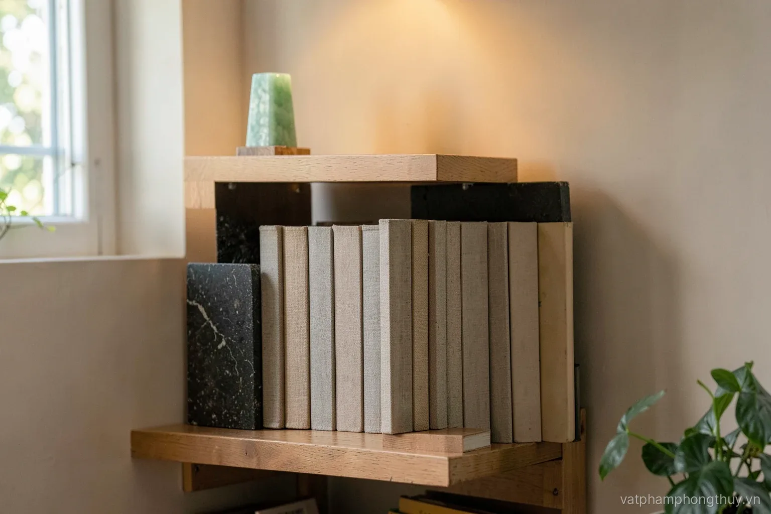 Close side view of a home bookshelf, a pair of heavy dark stone bookends holding a row of plain cloth-bound spines, small jade tower on the shelf above, lamp glow