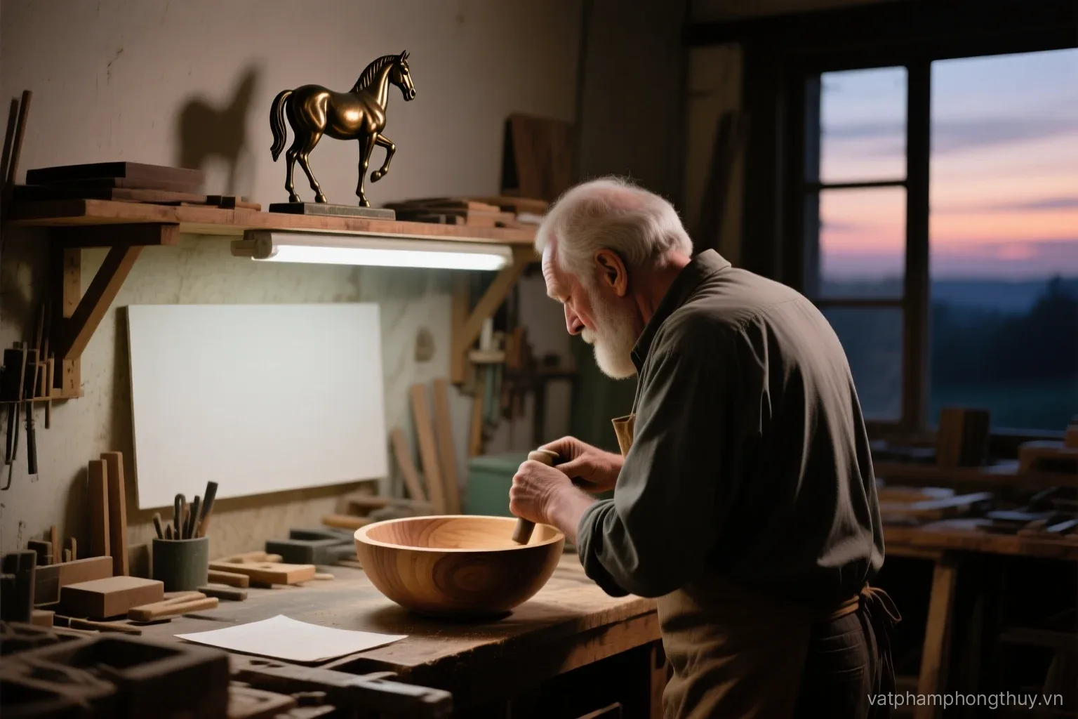 Side view of a craftsman workbench at dusk, an older man seen from behind polishing a finished wooden bowl, a small bronze horse figure on a high shelf above
