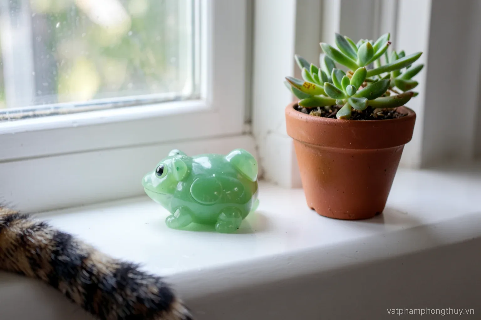 Close view of a deep white window sill, a small opaque green jade toad and a terracotta pot of succulents, window panes closed, cat tail curling at frame edge