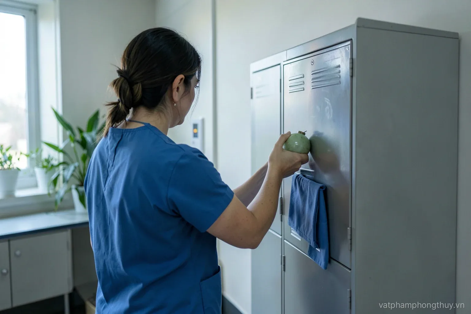 A nurse seen from behind placing a small smooth jade gourd into a metal locker beside a folded scrub top, hospital staff room, cool morning light