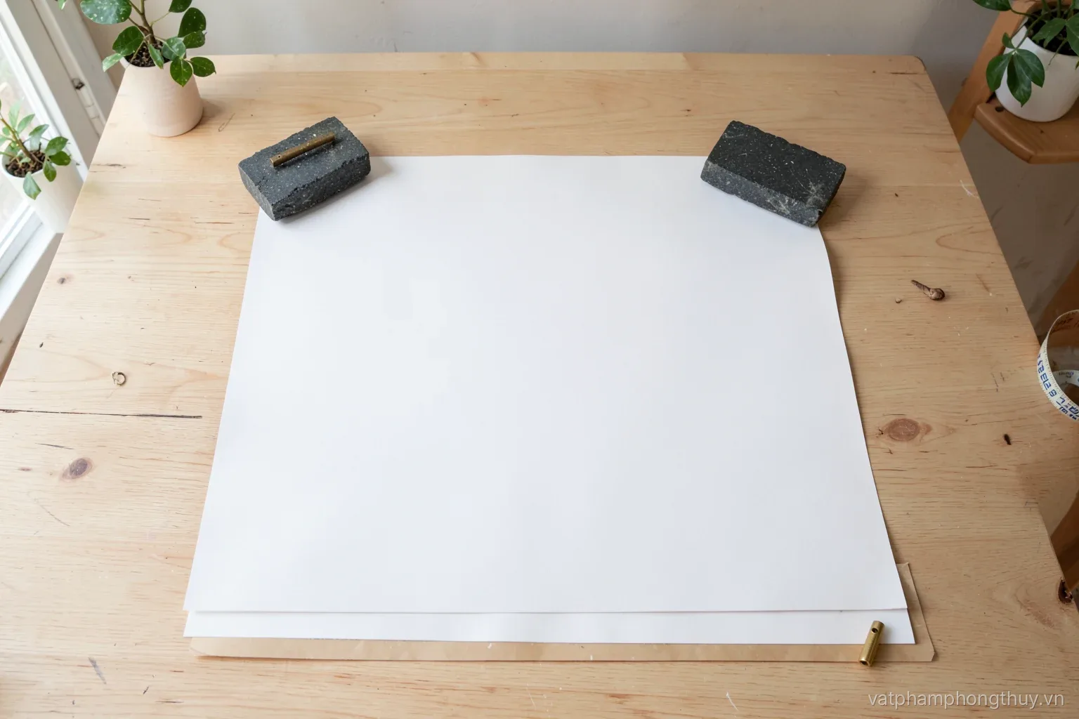 Overhead view of a large blank drafting sheet held flat by two dark stone weights, a brass compass and a rolled tape measure on a pale wooden table