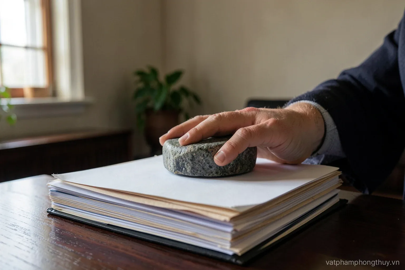 Hands resting a heavy grey stone paperweight on a thick stack of case folders on a dark walnut desk, law office, late afternoon window light, close angle