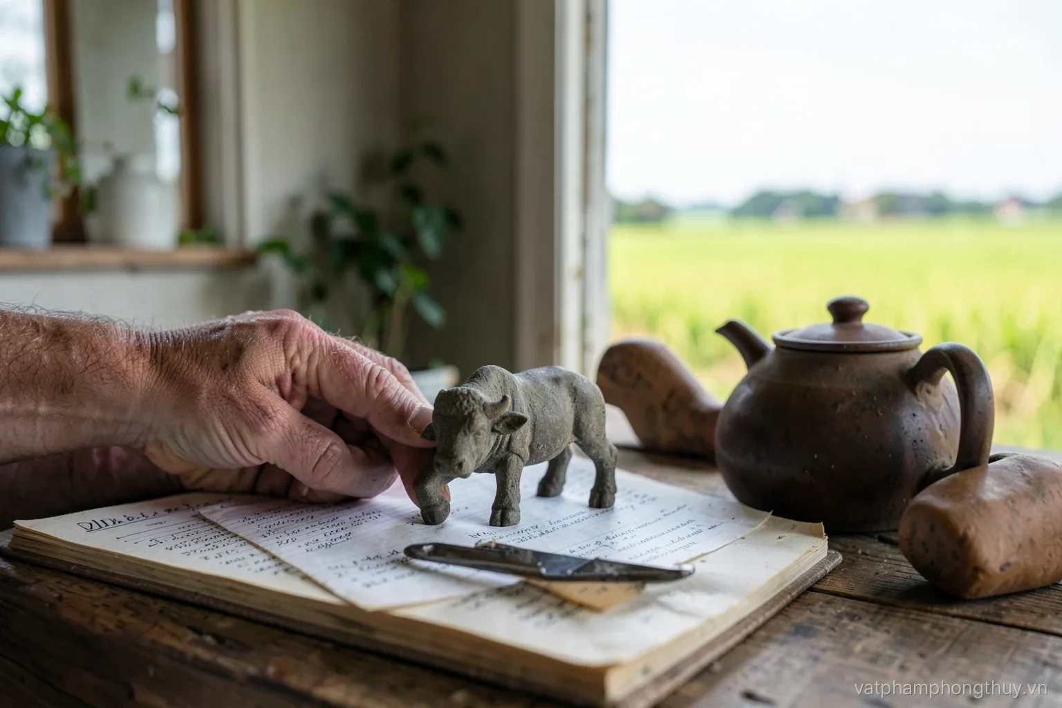 Weathered hands setting a small stone buffalo figurine on a wooden table beside a ledger notebook and a teapot, farmhouse porch, rice fields blurred behind