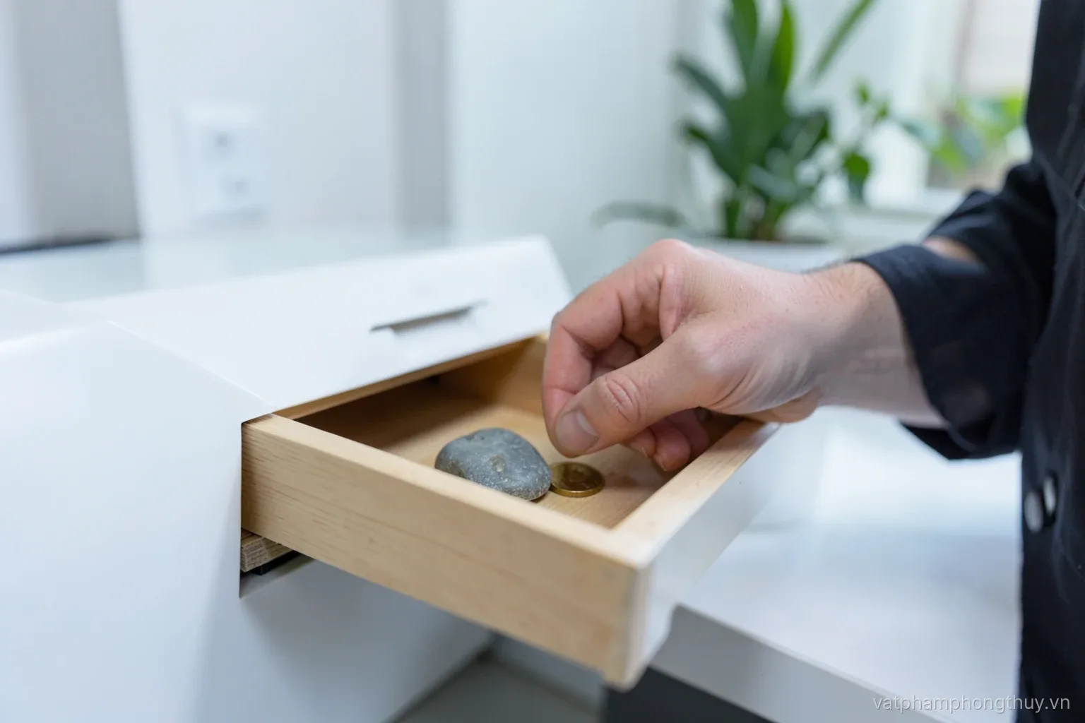 Close view of a bank teller hand closing a drawer that holds a tiny brass coin and a small grey stone, clean white counter, cool even light