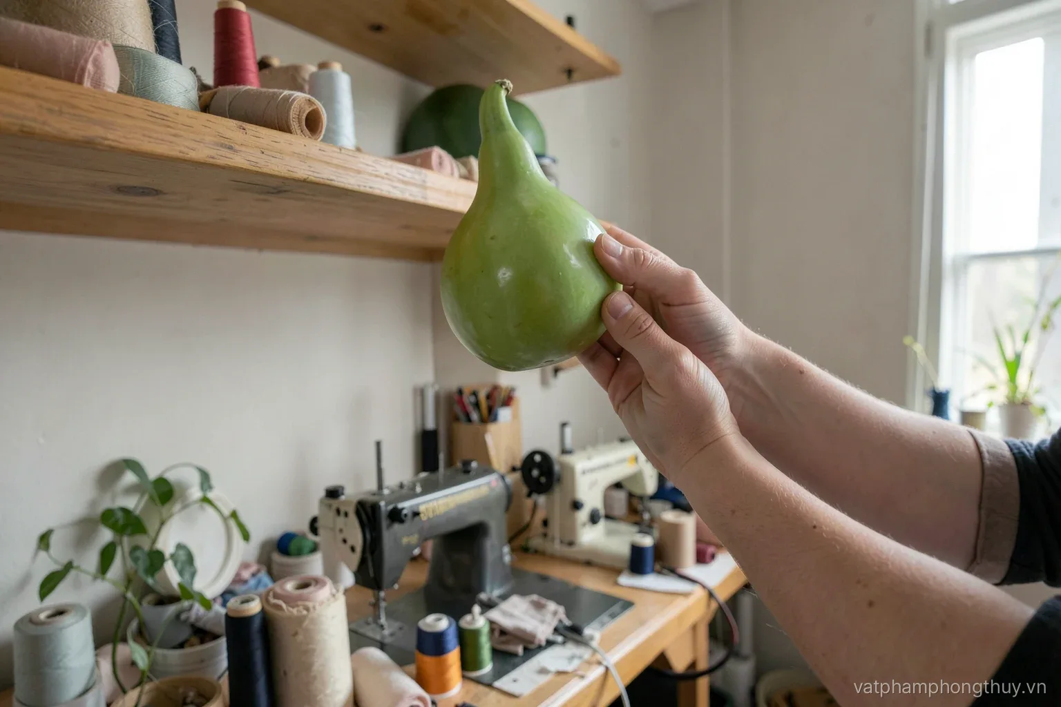 Hands lifting a smooth jade gourd from a high wooden shelf above a sewing machine, fabric rolls and thread spools around, small tailor workshop, side light