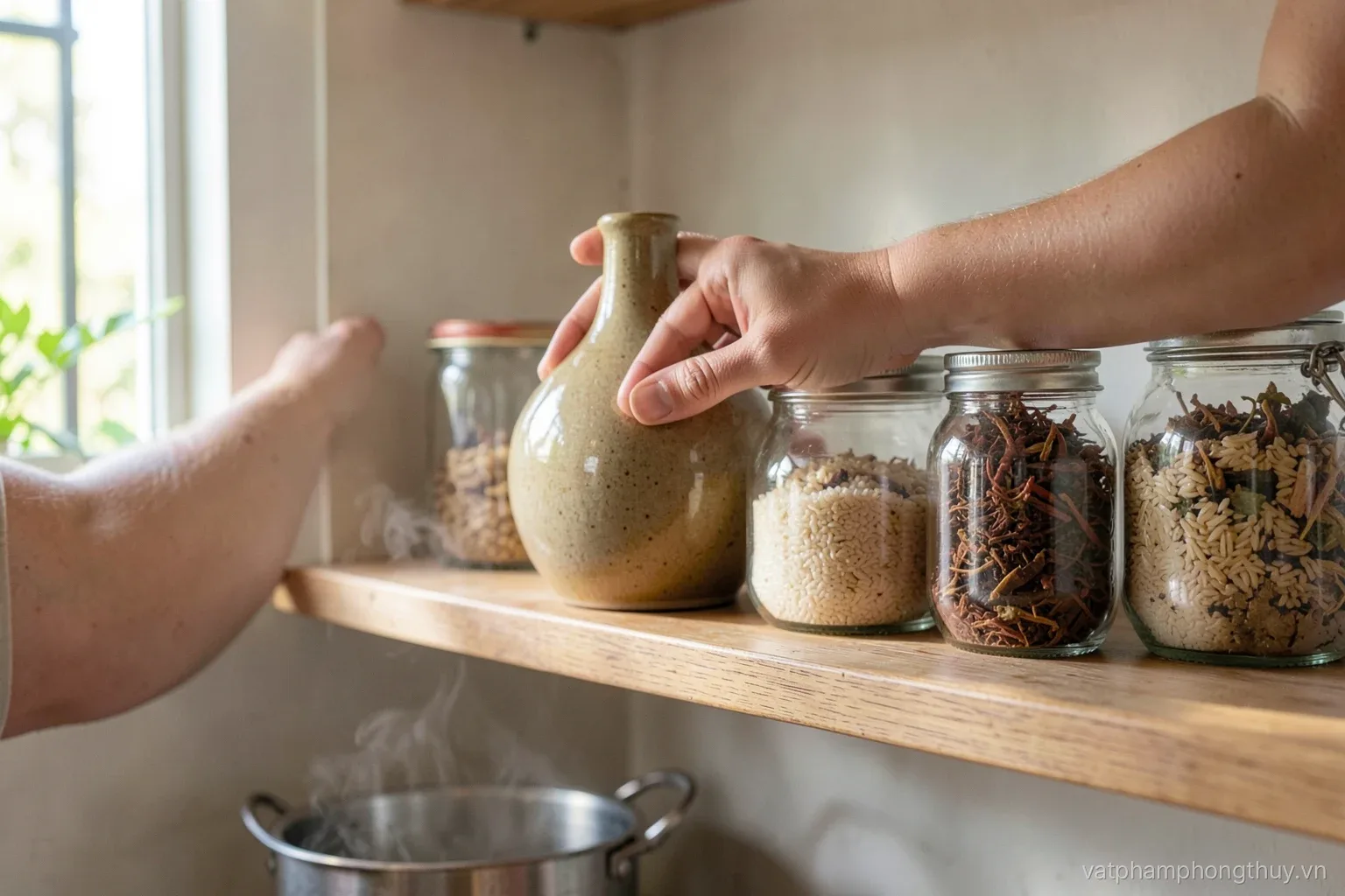 Hands wiping a glazed ceramic gourd on an open kitchen shelf beside jars of rice and dried chili, steam softly rising from a pot below