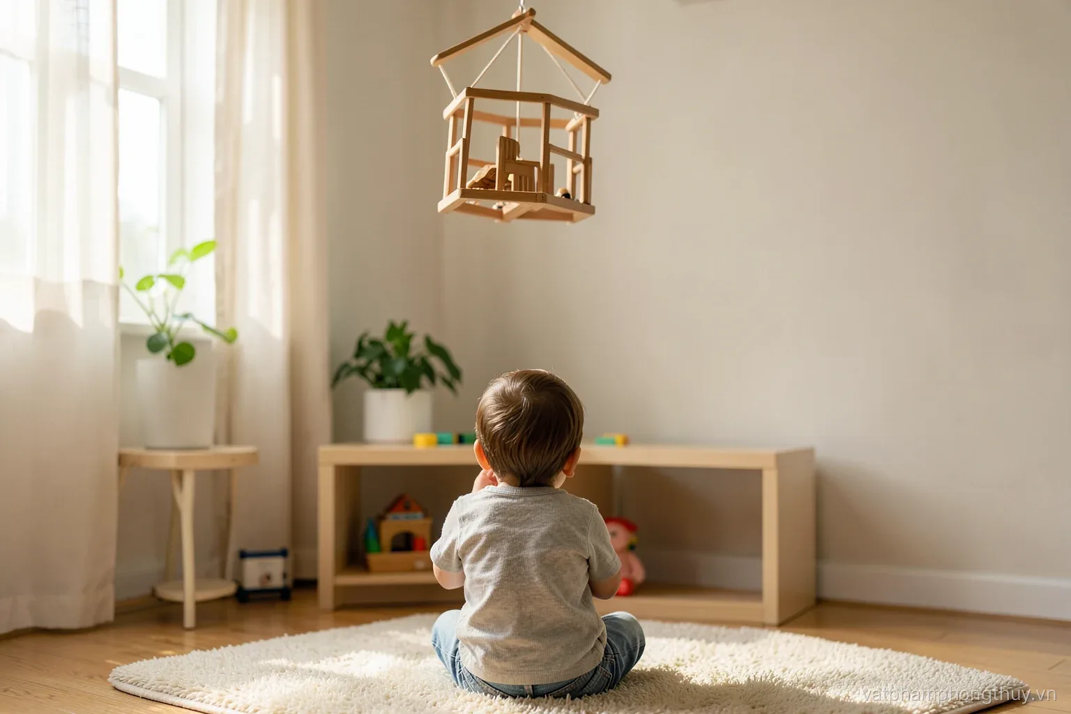 A small child seen from behind sitting on a soft rug, looking up at a wooden carp mobile hanging high above a low toy shelf, morning light through curtains